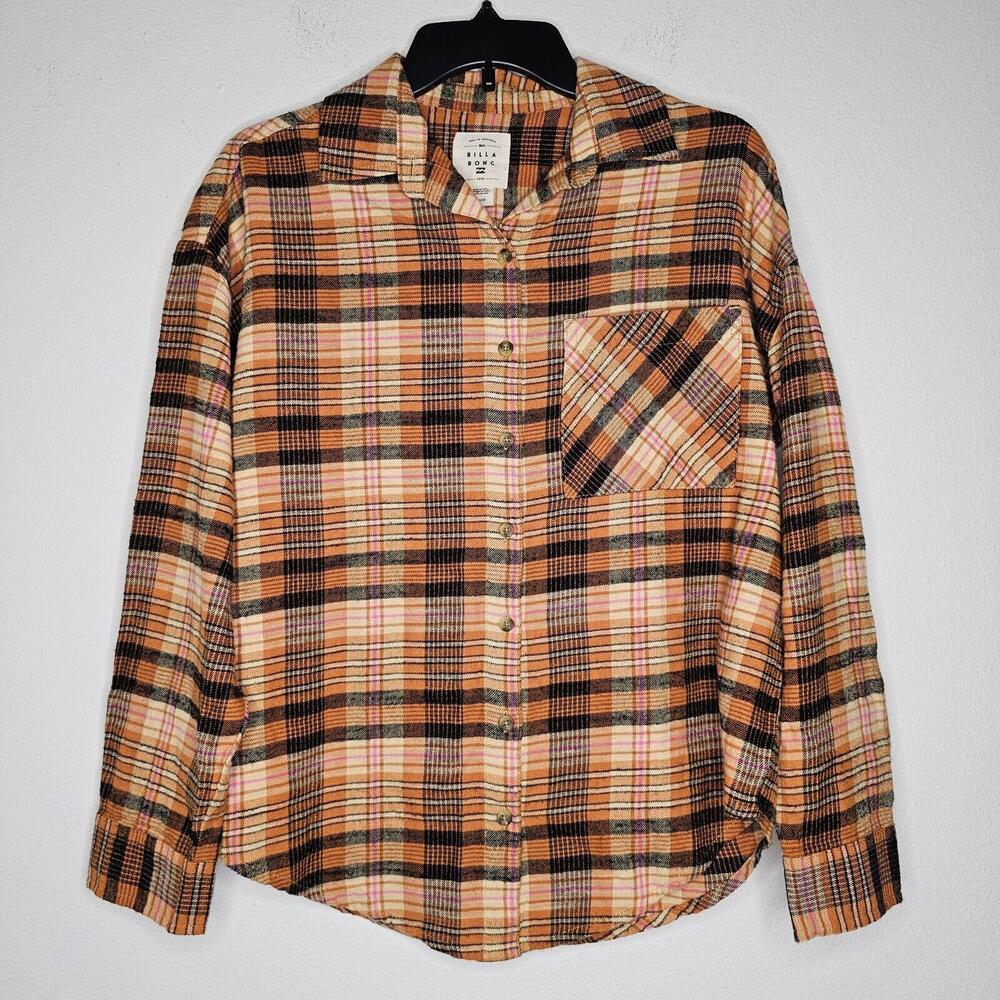 NWT Billabong Women's Brown/Plaid, Easy Breezy Button Down Shirt Size S(8)